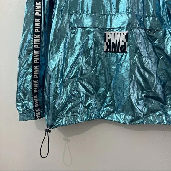 Victoria’s Secret PINK Jacket Anoeak Blue Metallic Windbreaker Hoodie - Picture 3 of 10